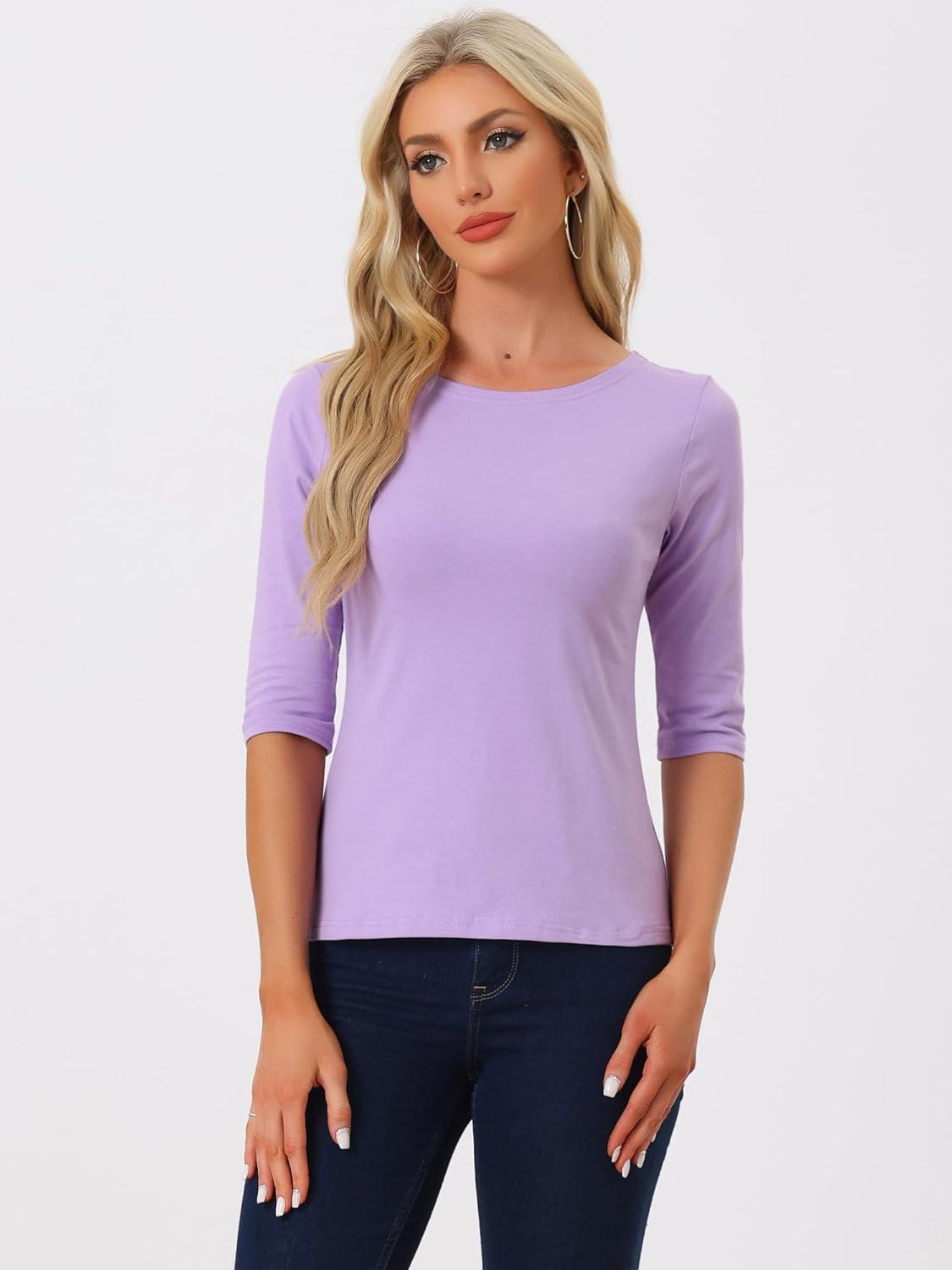 imageAllegra K Womens Casual Round Neck Elbow Sleeve t Shirts Slim Fit Blouses Tops FashionLight Purple
