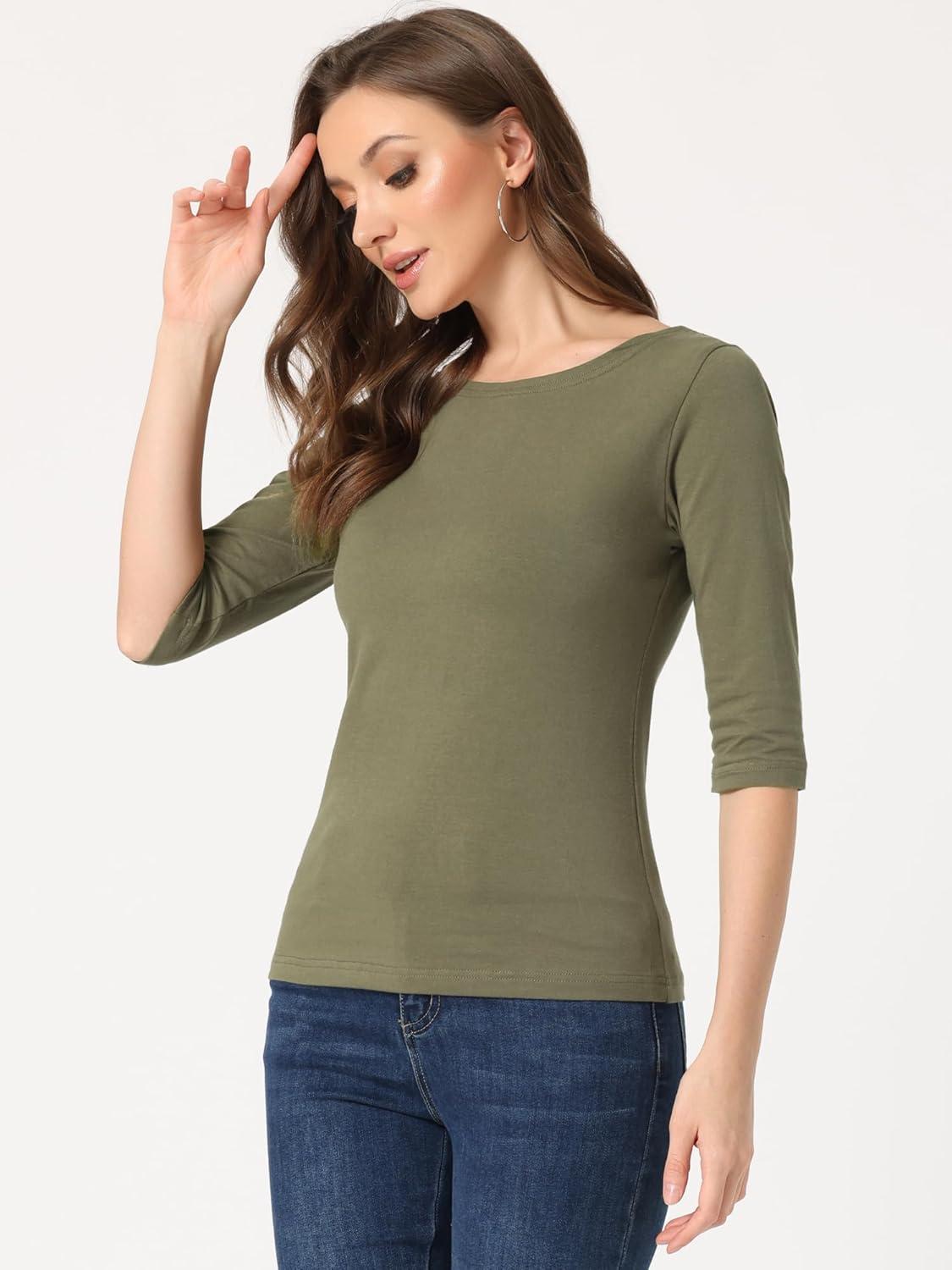 imageAllegra K Womens Casual Round Neck Elbow Sleeve t Shirts Slim Fit Blouses Tops FashionOlive Green