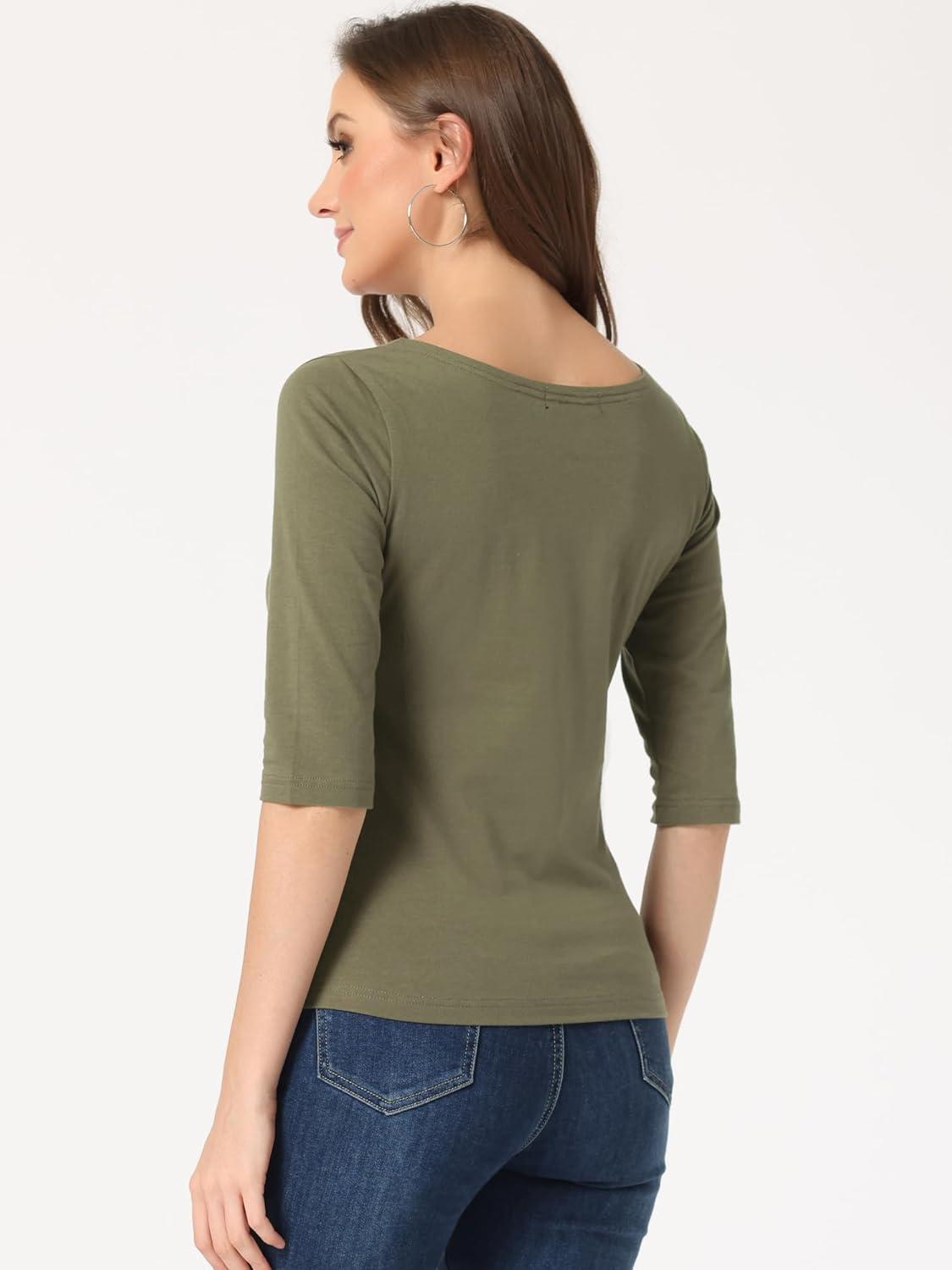 imageAllegra K Womens Casual Round Neck Elbow Sleeve t Shirts Slim Fit Blouses Tops FashionOlive Green