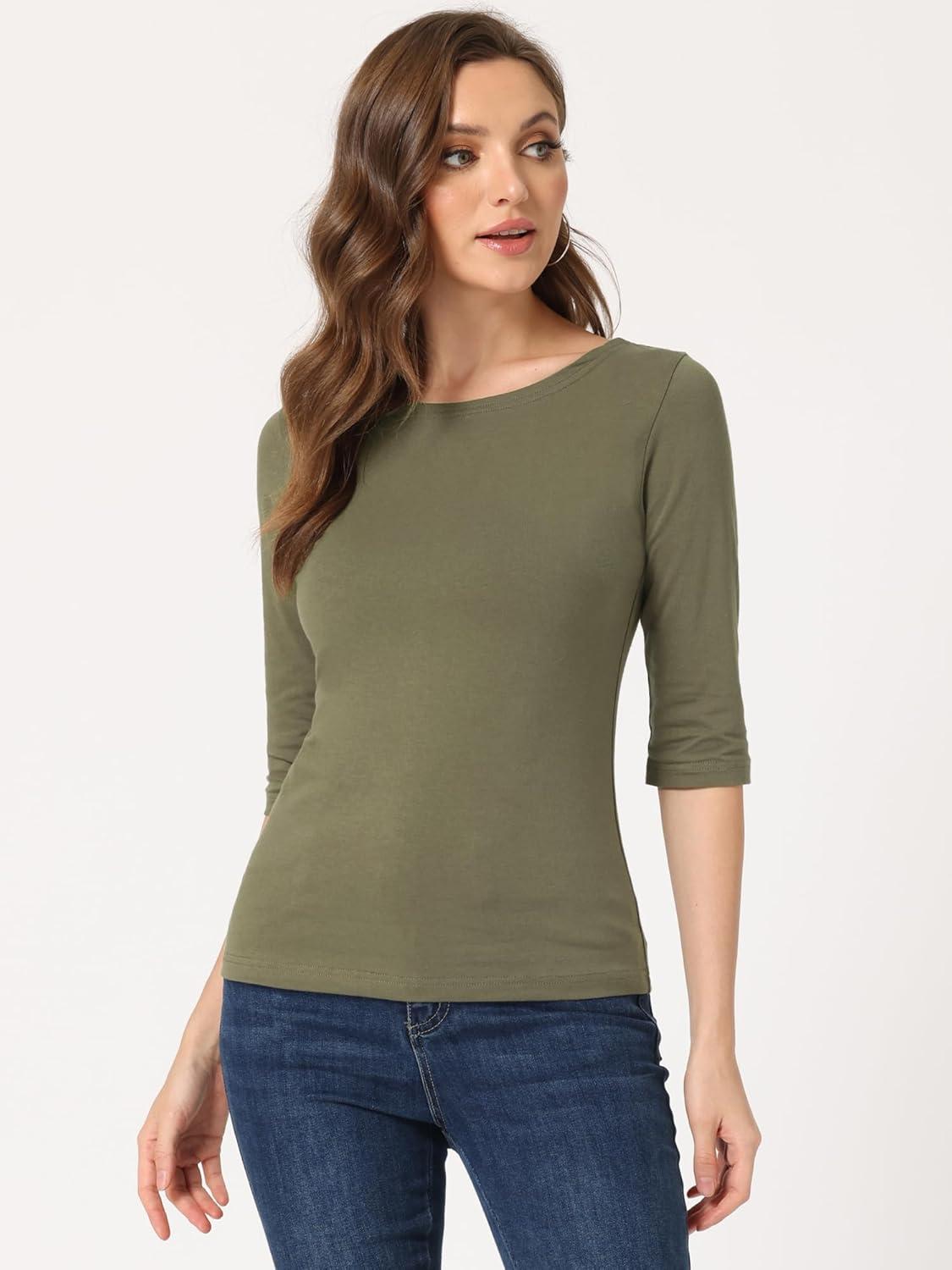 imageAllegra K Womens Casual Round Neck Elbow Sleeve t Shirts Slim Fit Blouses Tops FashionOlive Green