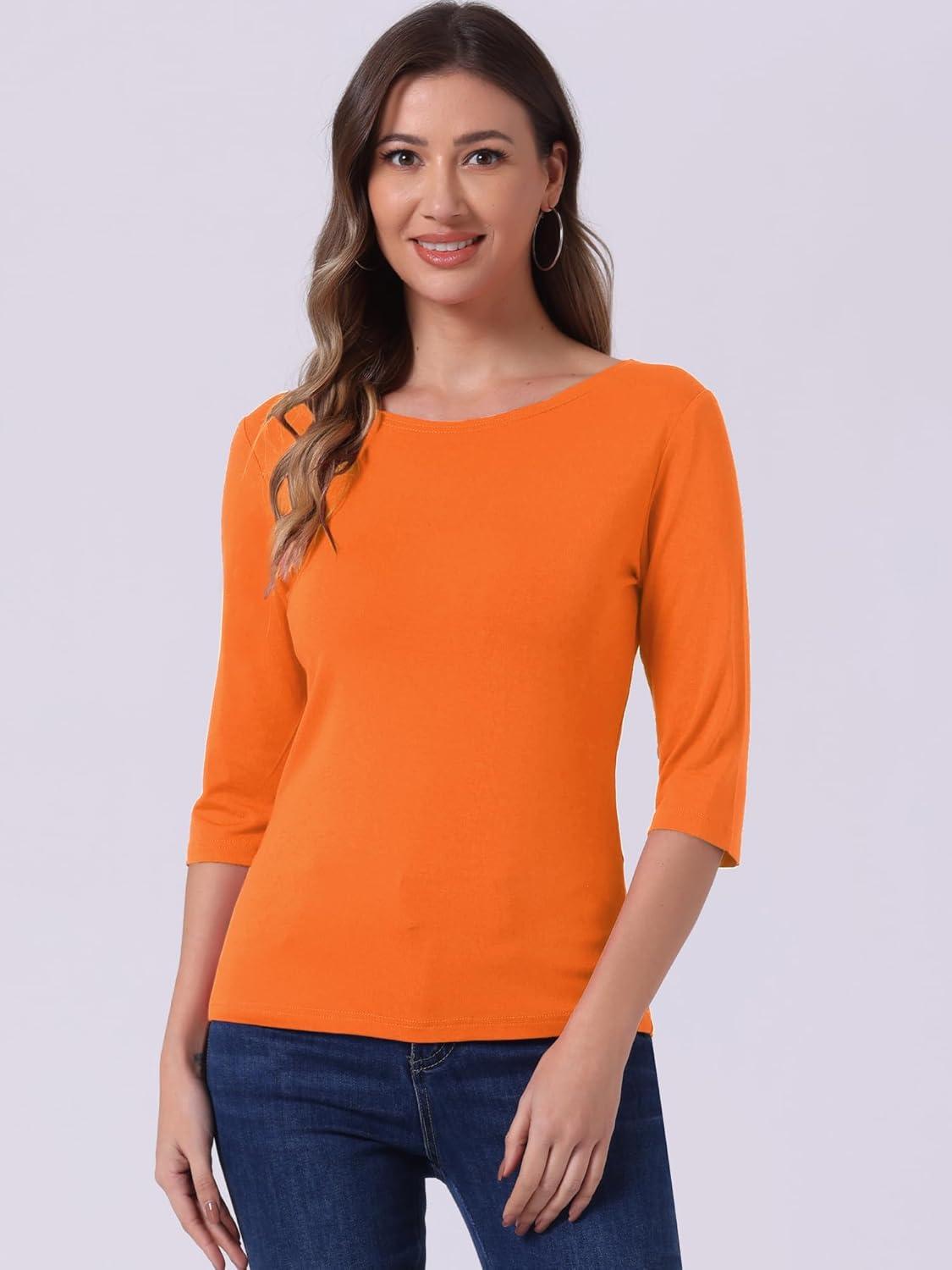 imageAllegra K Womens Casual Round Neck Elbow Sleeve t Shirts Slim Fit Blouses Tops FashionOrange