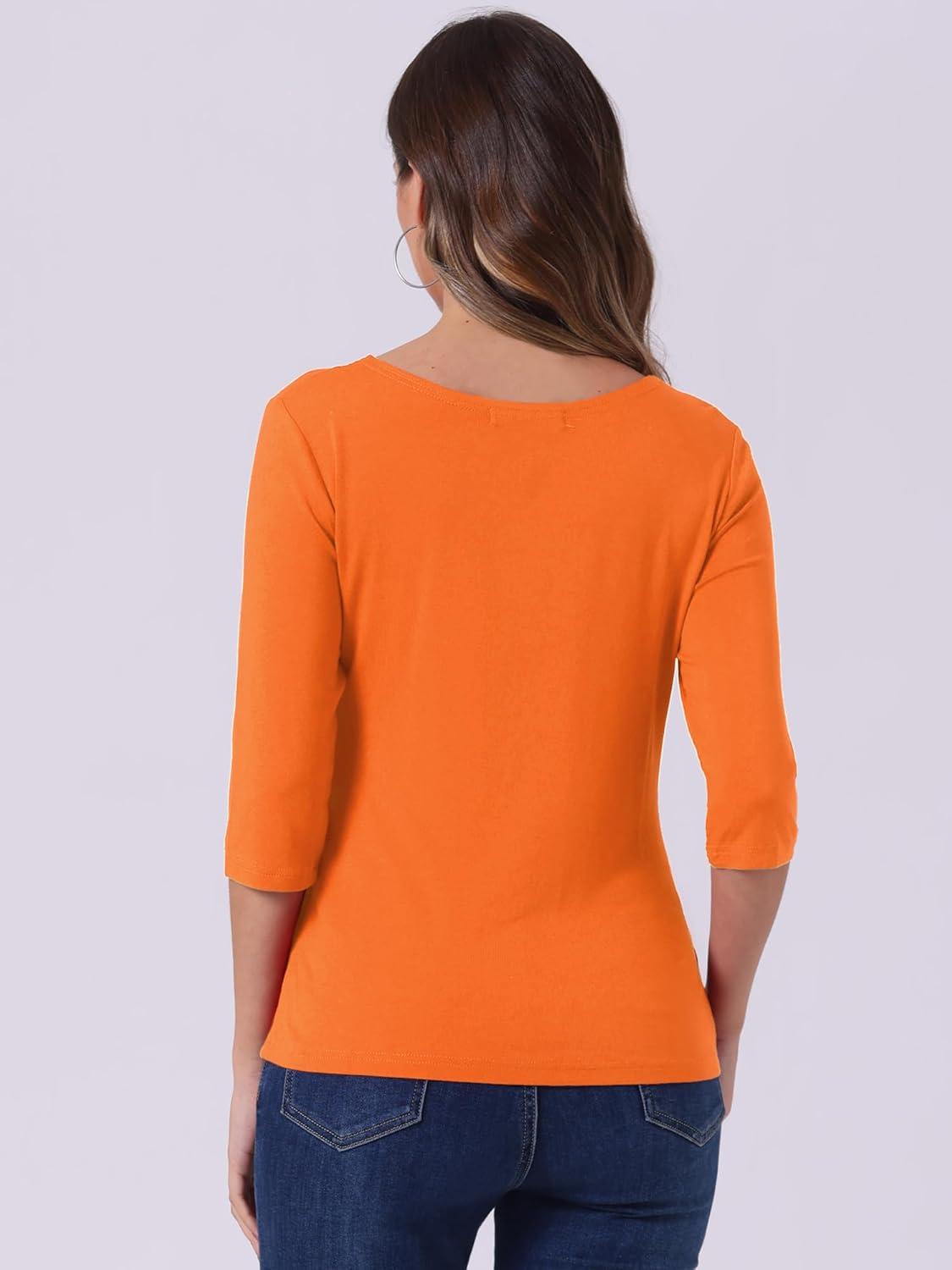 imageAllegra K Womens Casual Round Neck Elbow Sleeve t Shirts Slim Fit Blouses Tops FashionOrange