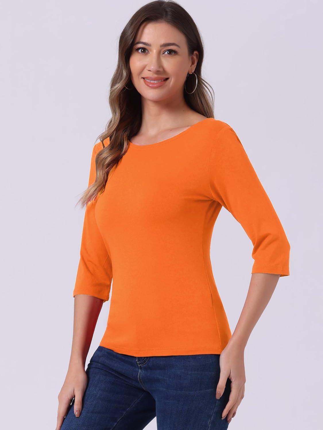 imageAllegra K Womens Casual Round Neck Elbow Sleeve t Shirts Slim Fit Blouses Tops FashionOrange