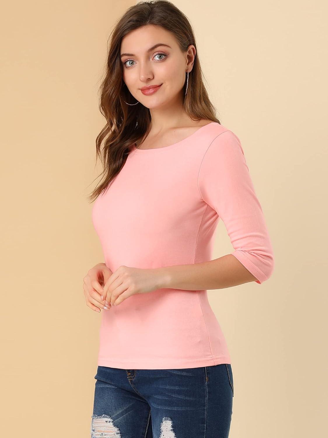 imageAllegra K Womens Casual Round Neck Elbow Sleeve t Shirts Slim Fit Blouses Tops FashionPink