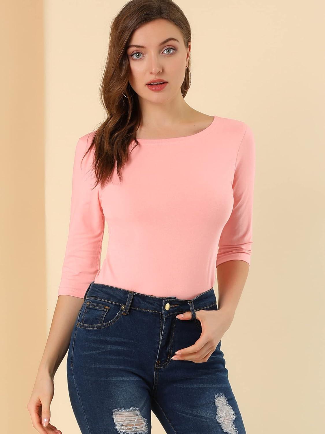 imageAllegra K Womens Casual Round Neck Elbow Sleeve t Shirts Slim Fit Blouses Tops FashionPink