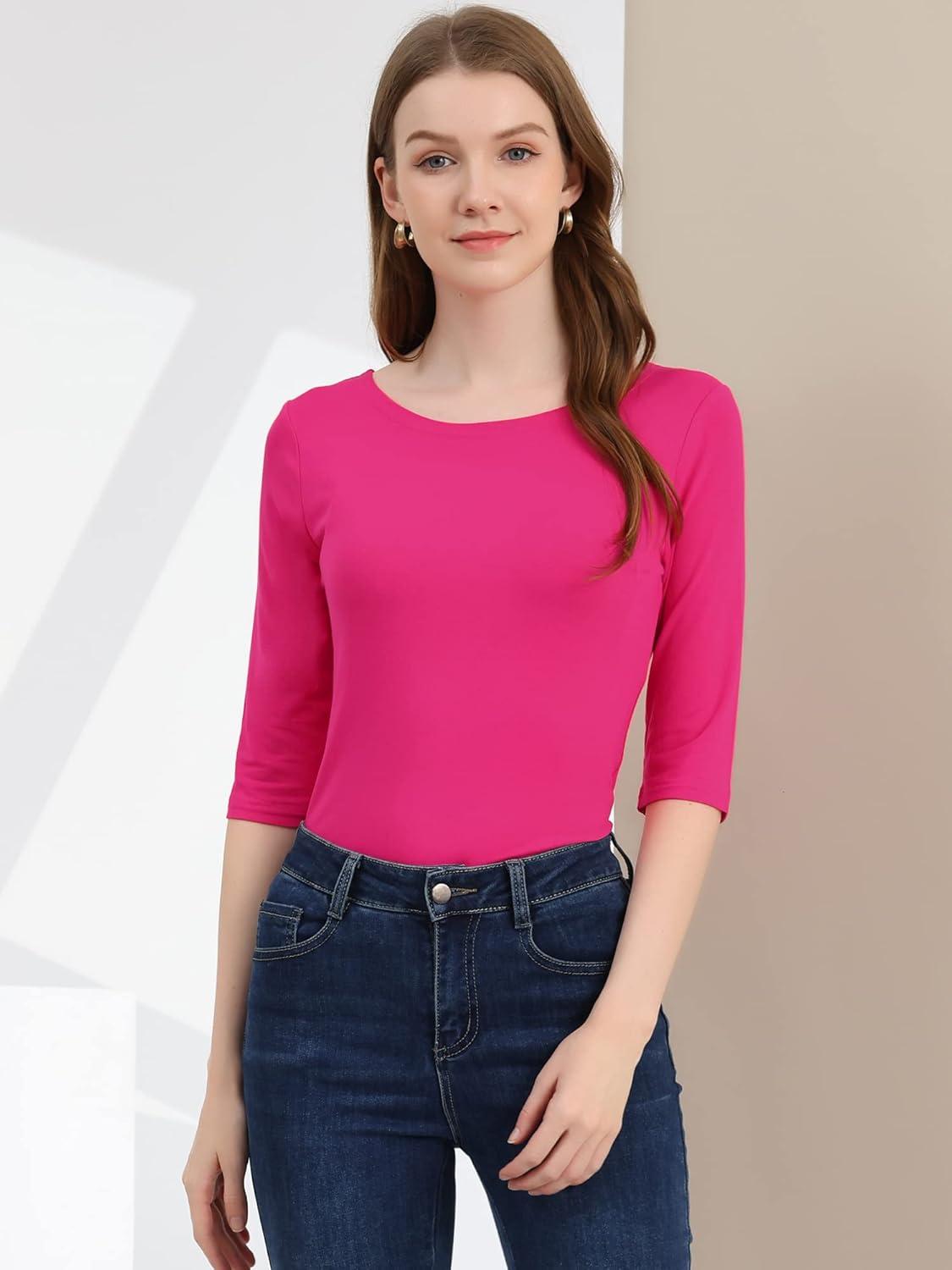 imageAllegra K Womens Casual Round Neck Elbow Sleeve t Shirts Slim Fit Blouses Tops FashionRose Red