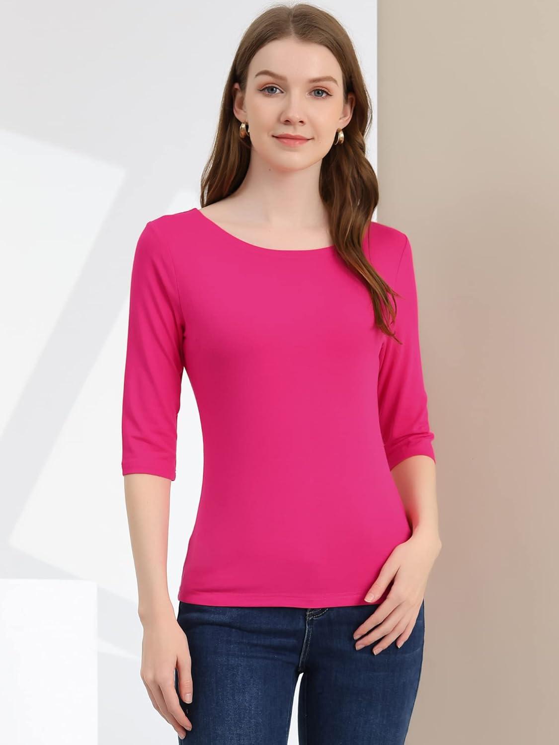 imageAllegra K Womens Casual Round Neck Elbow Sleeve t Shirts Slim Fit Blouses Tops FashionRose Red