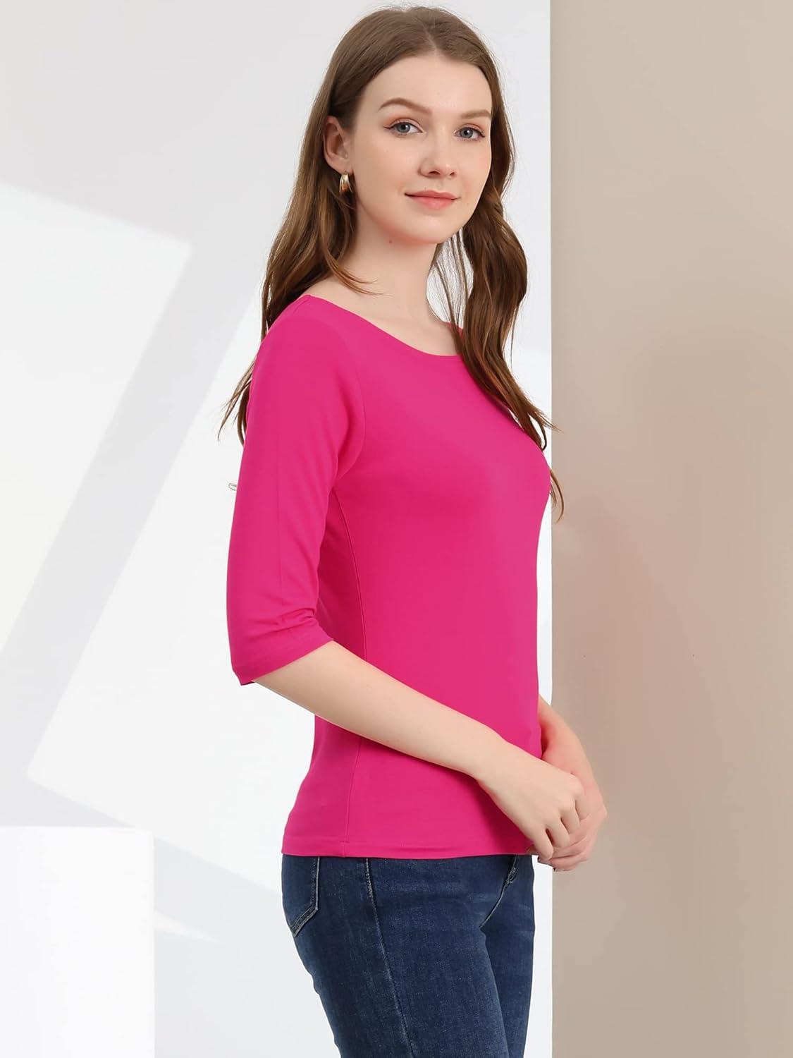 imageAllegra K Womens Casual Round Neck Elbow Sleeve t Shirts Slim Fit Blouses Tops FashionRose Red