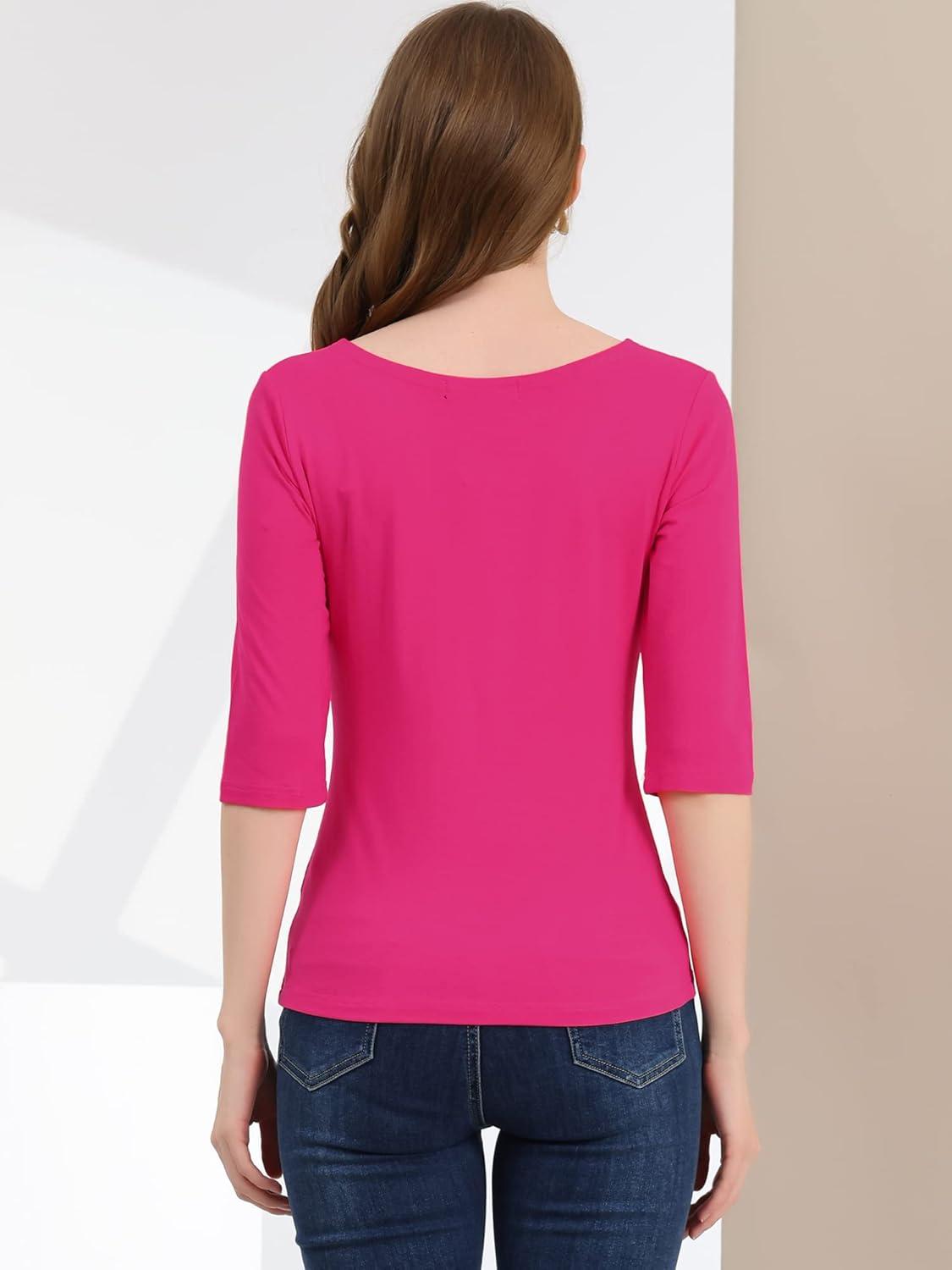 imageAllegra K Womens Casual Round Neck Elbow Sleeve t Shirts Slim Fit Blouses Tops FashionRose Red
