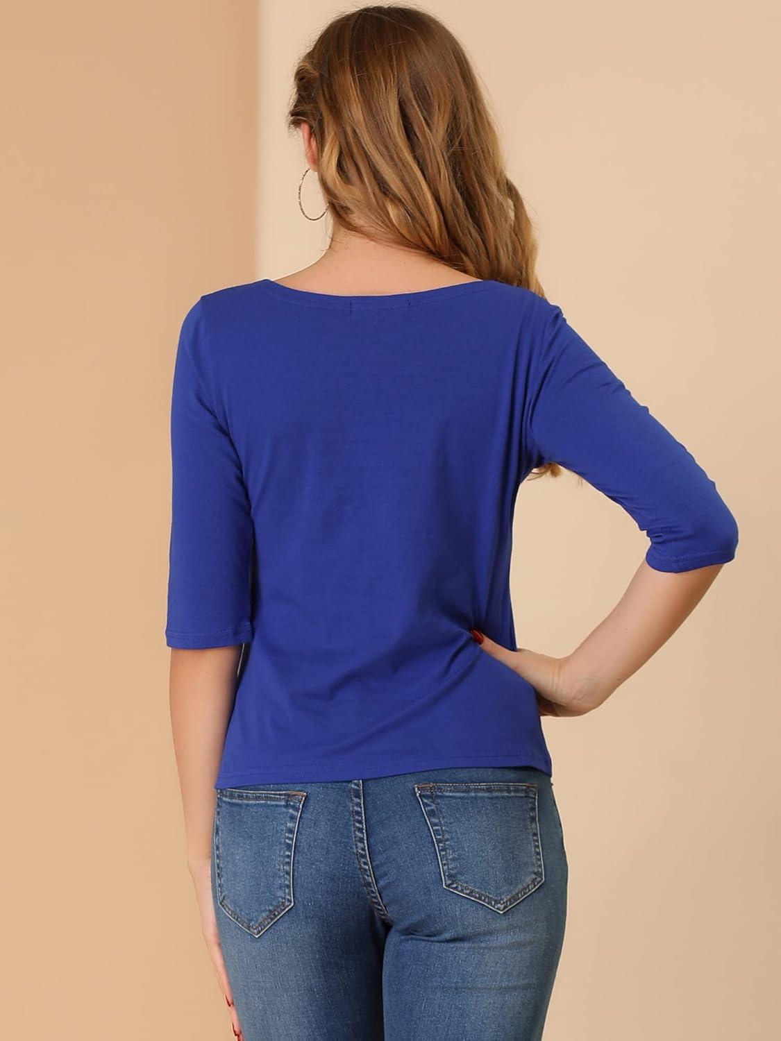 imageAllegra K Womens Casual Round Neck Elbow Sleeve t Shirts Slim Fit Blouses Tops FashionRoyal Blue
