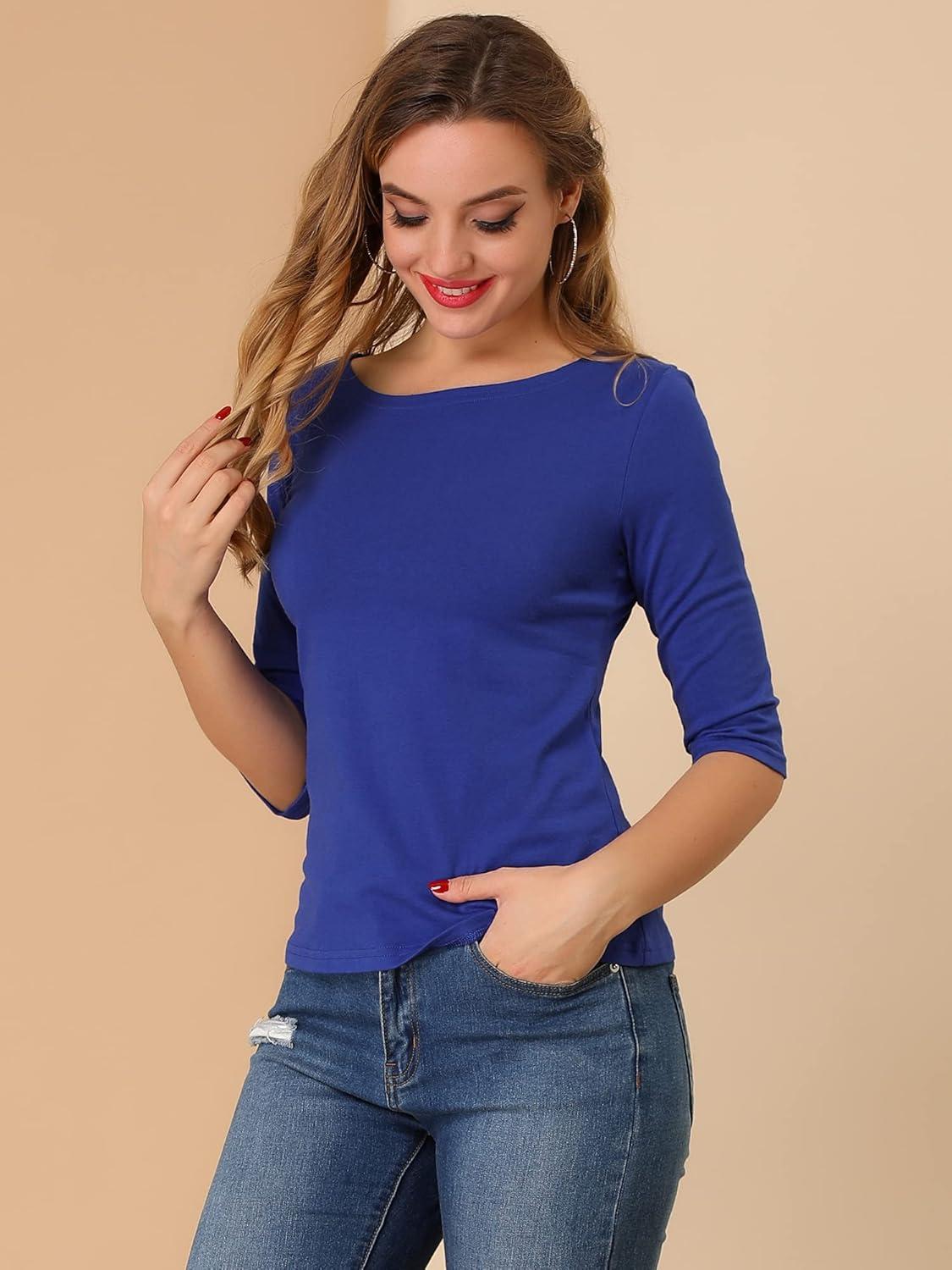 imageAllegra K Womens Casual Round Neck Elbow Sleeve t Shirts Slim Fit Blouses Tops FashionRoyal Blue