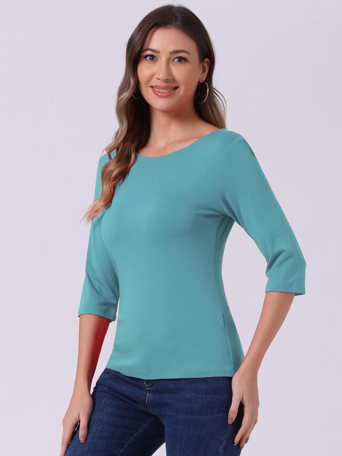 imageAllegra K Womens Casual Round Neck Elbow Sleeve t Shirts Slim Fit Blouses Tops FashionSea Green