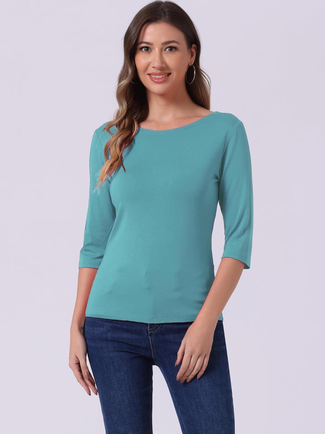 imageAllegra K Womens Casual Round Neck Elbow Sleeve t Shirts Slim Fit Blouses Tops FashionSea Green