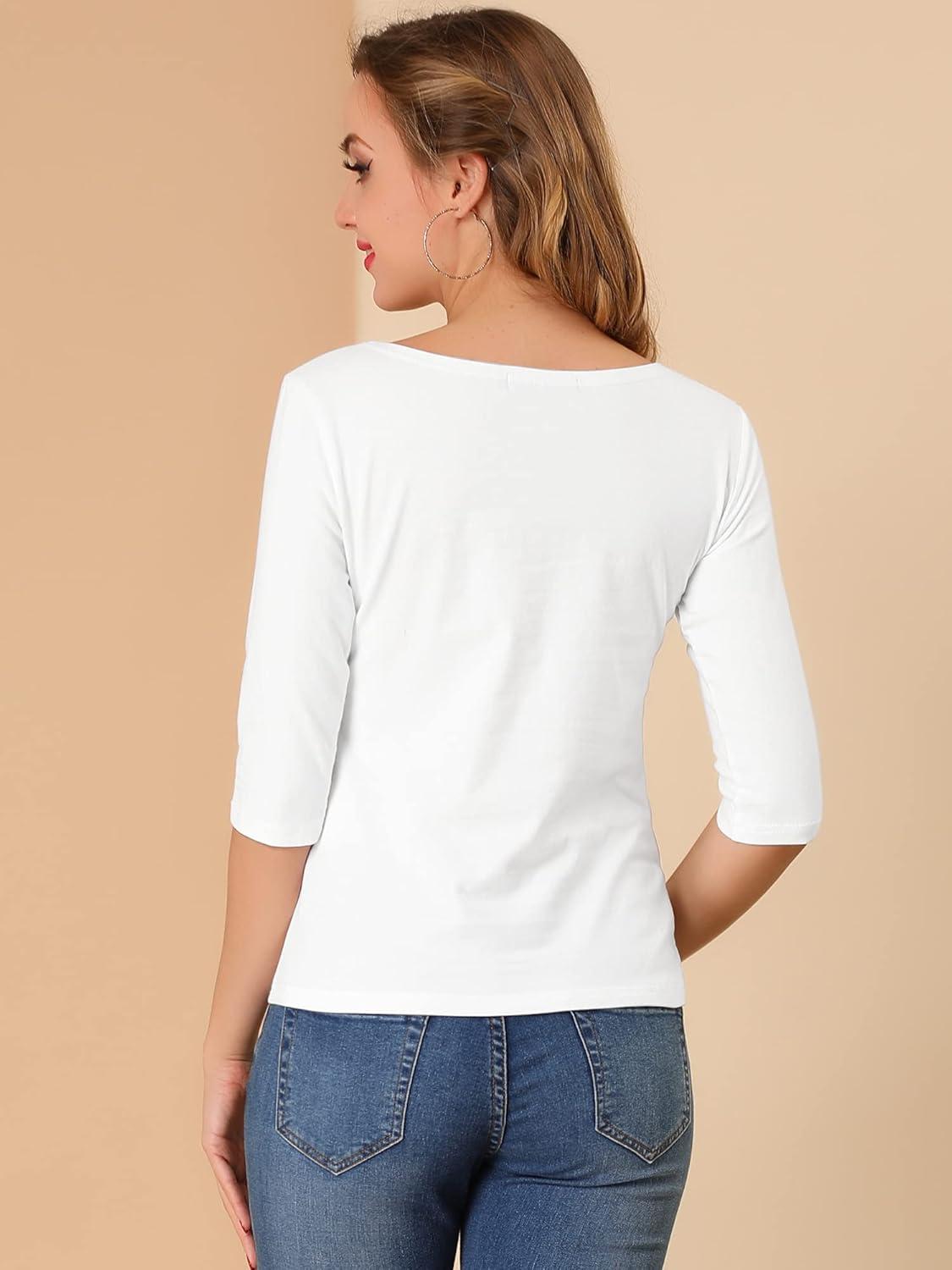 imageAllegra K Womens Casual Round Neck Elbow Sleeve t Shirts Slim Fit Blouses Tops FashionWhite