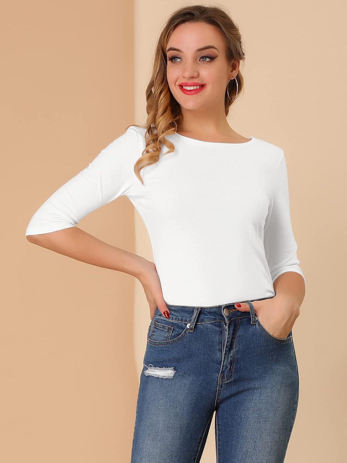 imageAllegra K Womens Casual Round Neck Elbow Sleeve t Shirts Slim Fit Blouses Tops FashionWhite