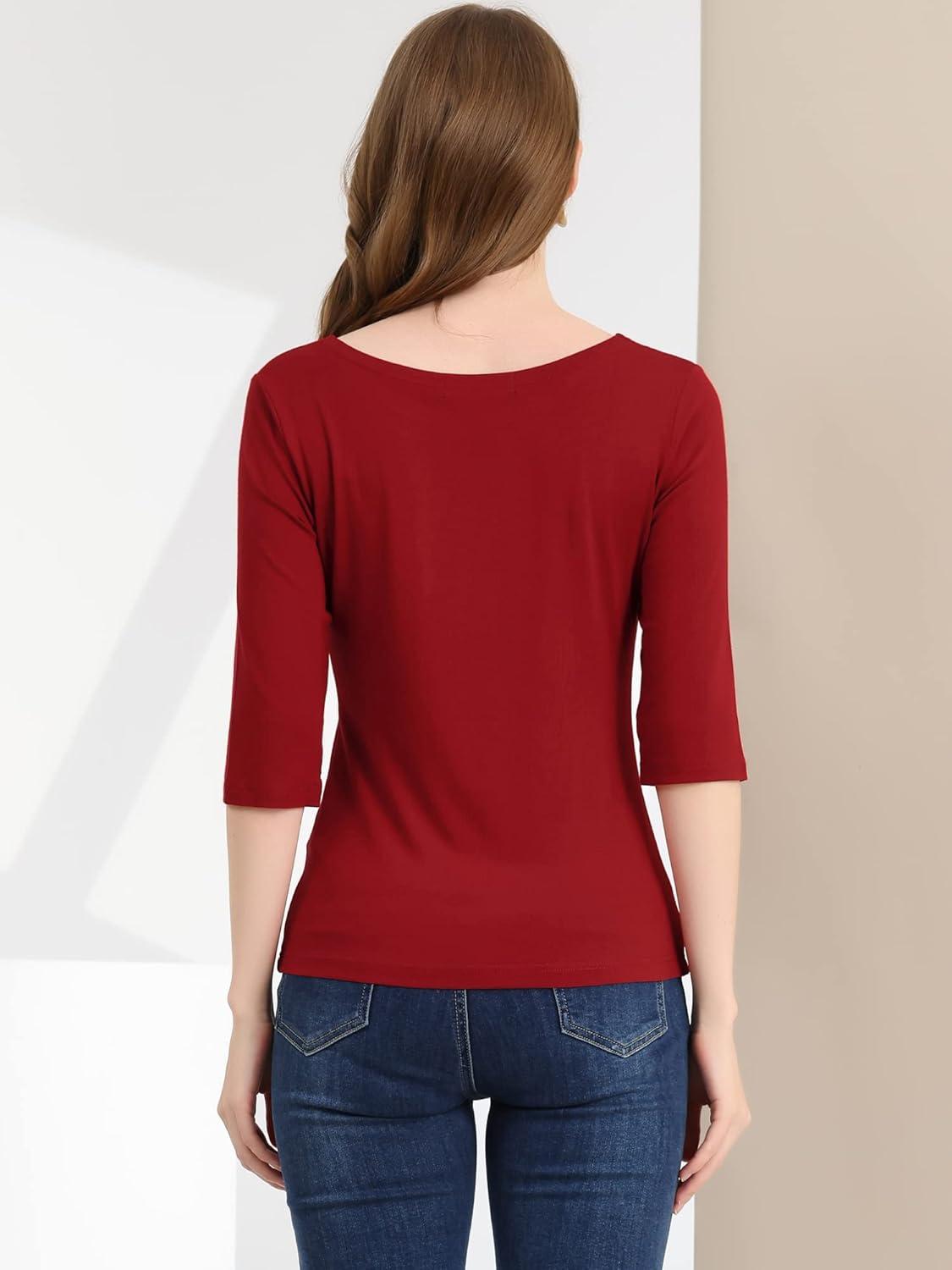 imageAllegra K Womens Casual Round Neck Elbow Sleeve t Shirts Slim Fit Blouses Tops FashionWine Red