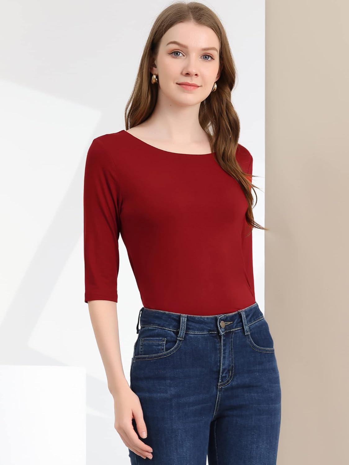 imageAllegra K Womens Casual Round Neck Elbow Sleeve t Shirts Slim Fit Blouses Tops FashionWine Red