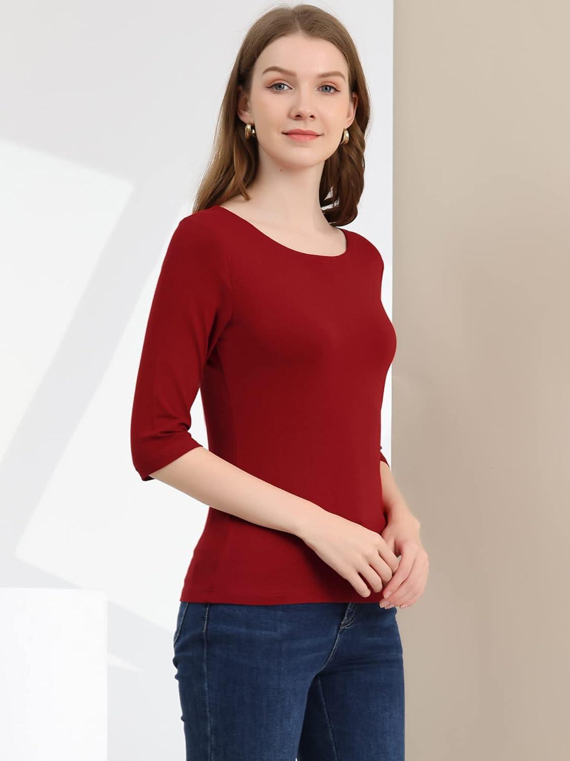 imageAllegra K Womens Casual Round Neck Elbow Sleeve t Shirts Slim Fit Blouses Tops FashionWine Red