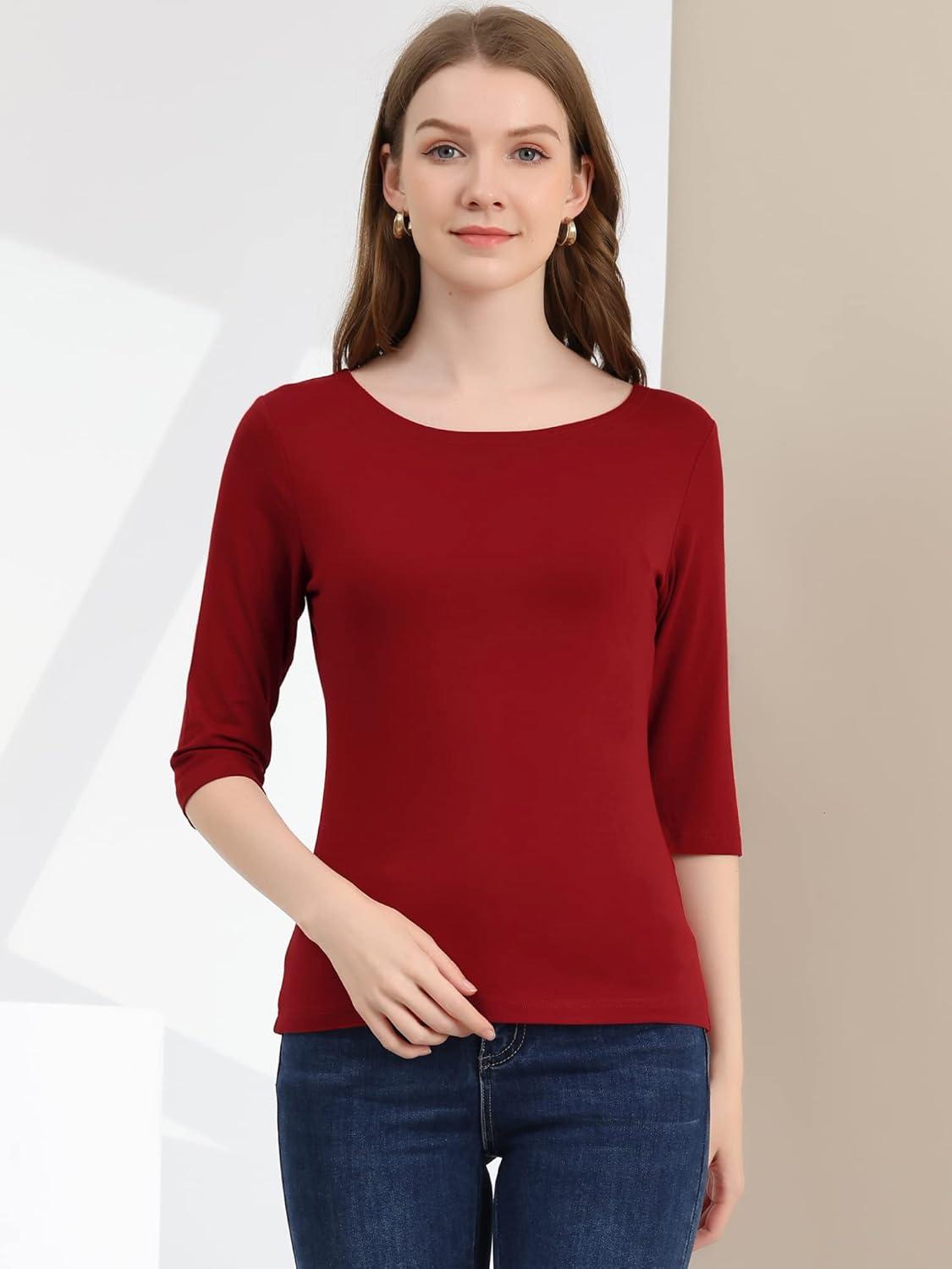 imageAllegra K Womens Casual Round Neck Elbow Sleeve t Shirts Slim Fit Blouses Tops FashionWine Red