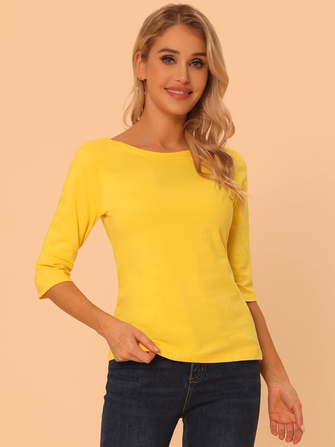 imageAllegra K Womens Casual Round Neck Elbow Sleeve t Shirts Slim Fit Blouses Tops FashionYellows