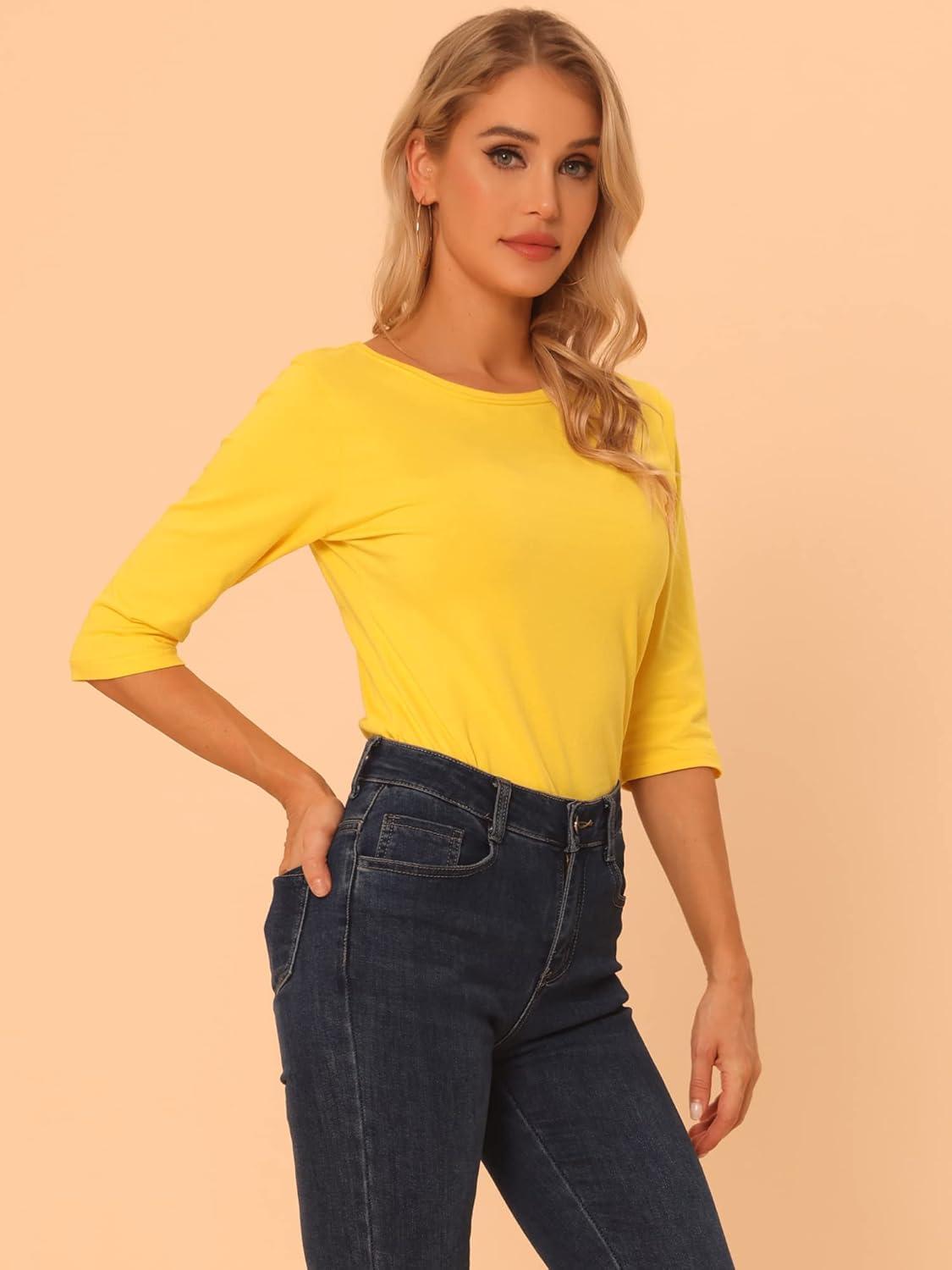 imageAllegra K Womens Casual Round Neck Elbow Sleeve t Shirts Slim Fit Blouses Tops FashionYellows