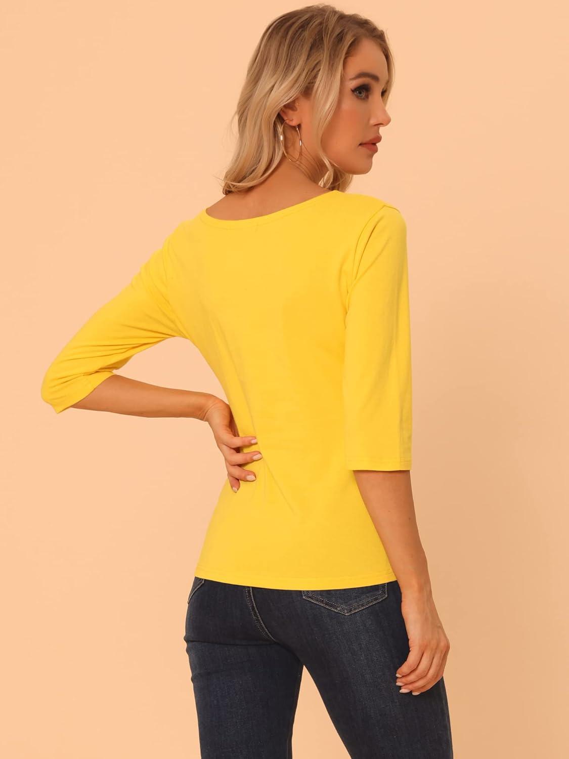 imageAllegra K Womens Casual Round Neck Elbow Sleeve t Shirts Slim Fit Blouses Tops FashionYellows