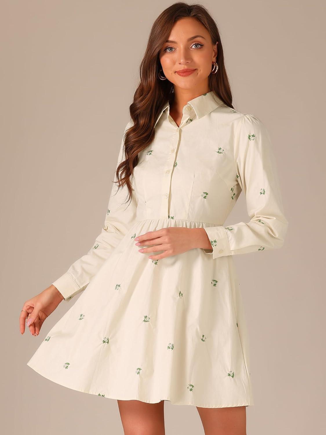 imageAllegra K Womens Casual Shirt Dress Long Sleeve Half Placket Embroidered Floral Mini DressesBeige