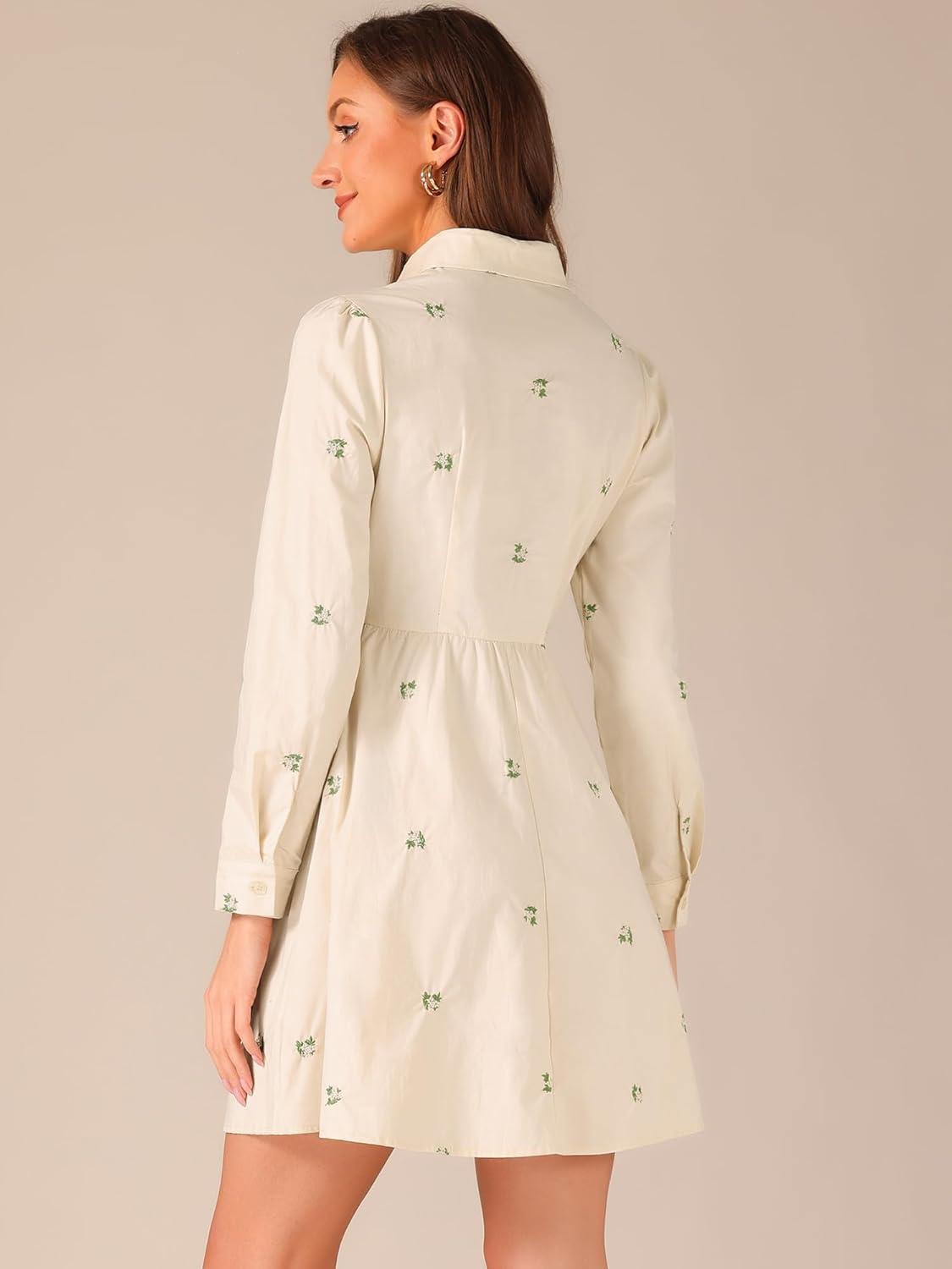 imageAllegra K Womens Casual Shirt Dress Long Sleeve Half Placket Embroidered Floral Mini DressesBeige