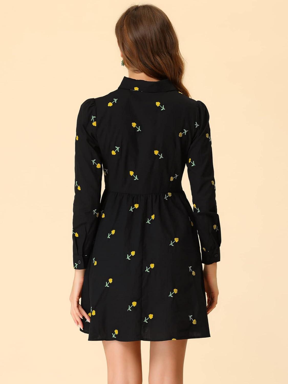 imageAllegra K Womens Casual Shirt Dress Long Sleeve Half Placket Embroidered Floral Mini DressesBlack