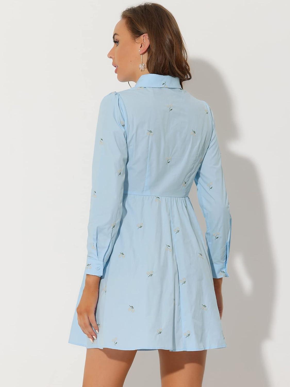 imageAllegra K Womens Casual Shirt Dress Long Sleeve Half Placket Embroidered Floral Mini DressesBlue