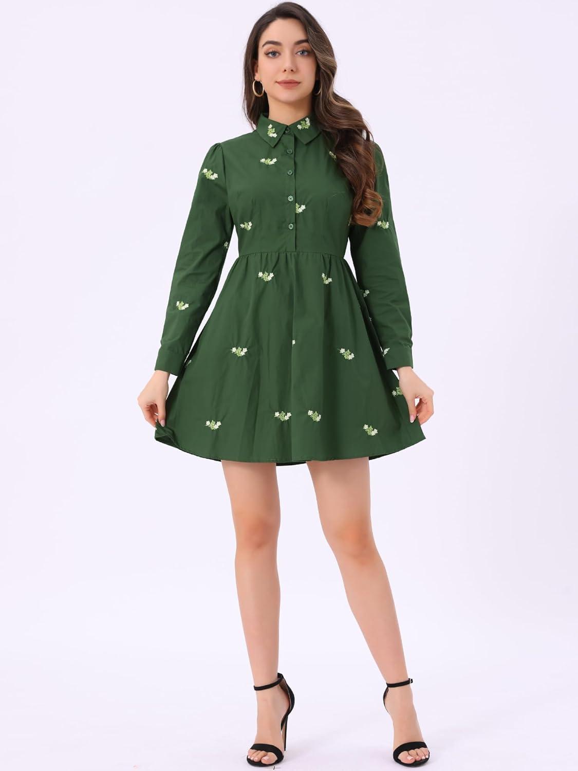 imageAllegra K Womens Casual Shirt Dress Long Sleeve Half Placket Embroidered Floral Mini DressesGreen