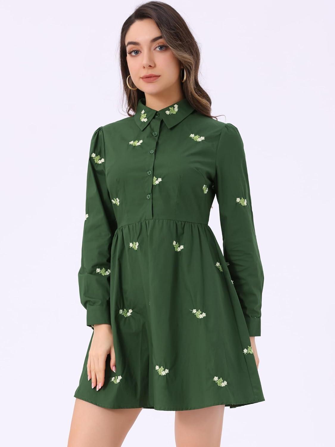 imageAllegra K Womens Casual Shirt Dress Long Sleeve Half Placket Embroidered Floral Mini DressesGreen
