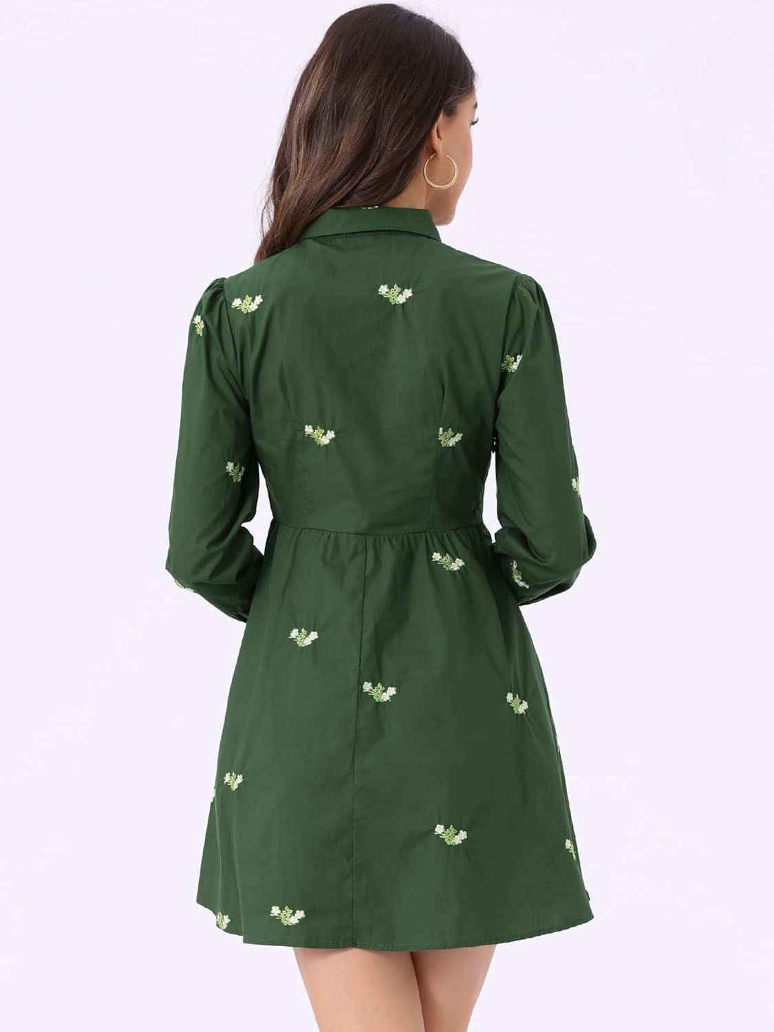 imageAllegra K Womens Casual Shirt Dress Long Sleeve Half Placket Embroidered Floral Mini DressesGreen