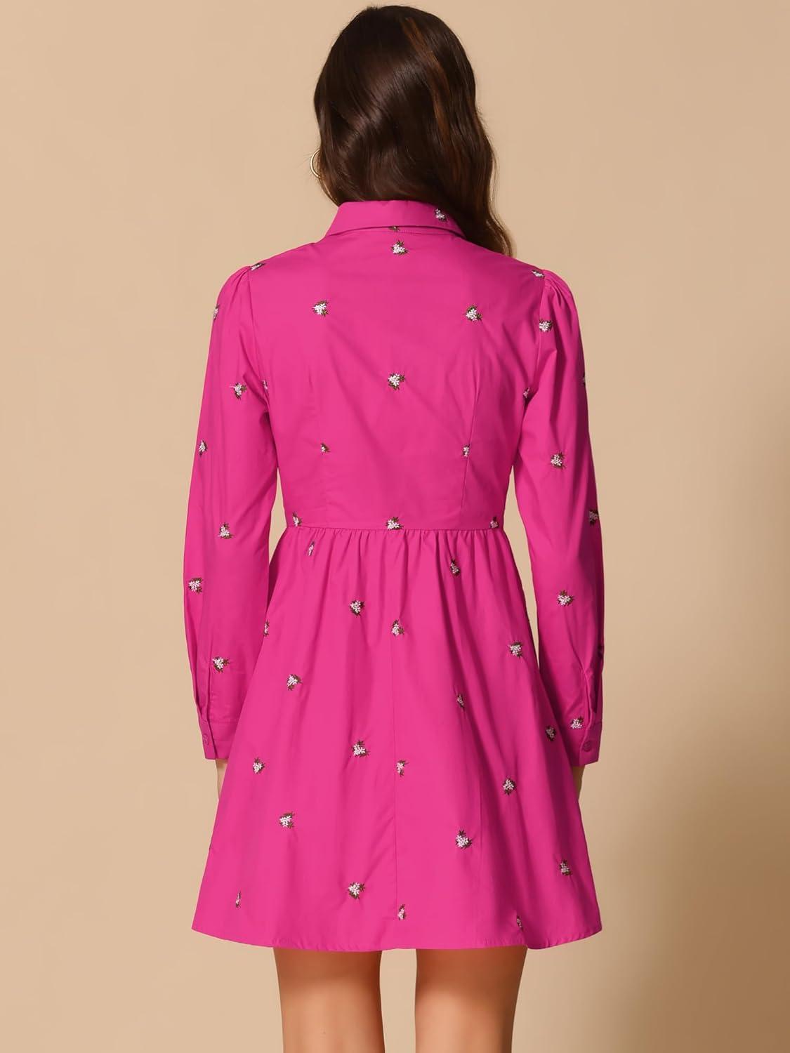 imageAllegra K Womens Casual Shirt Dress Long Sleeve Half Placket Embroidered Floral Mini DressesHot Pink