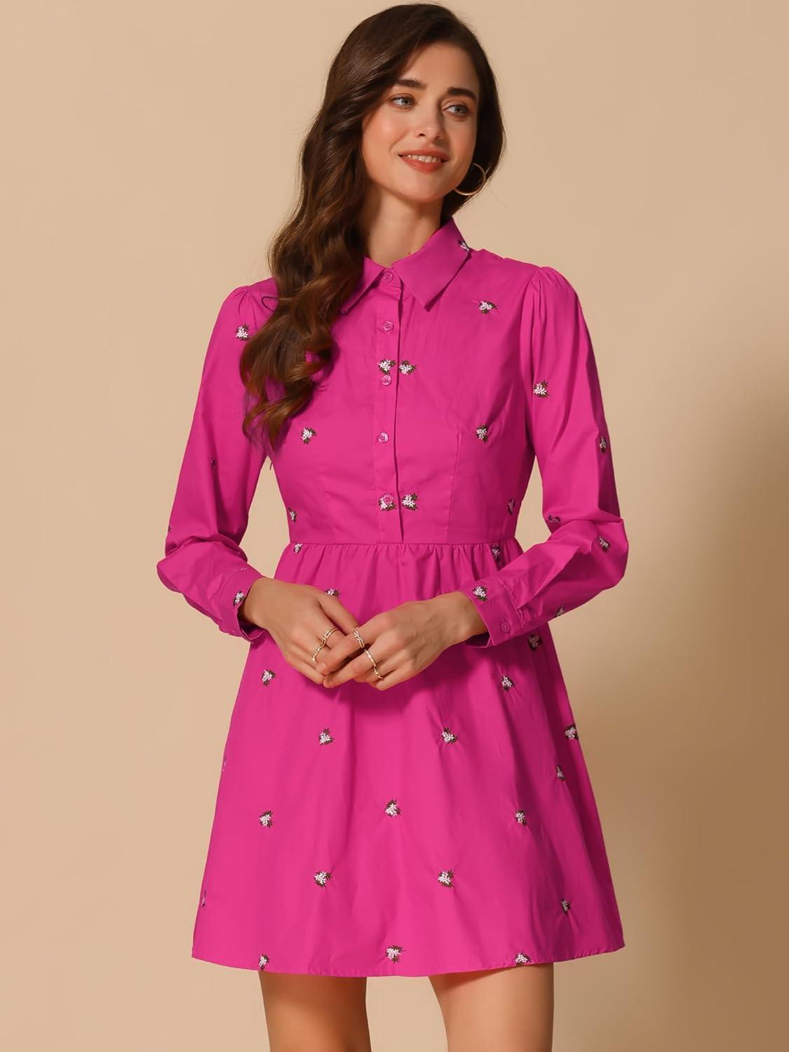 imageAllegra K Womens Casual Shirt Dress Long Sleeve Half Placket Embroidered Floral Mini DressesHot Pink