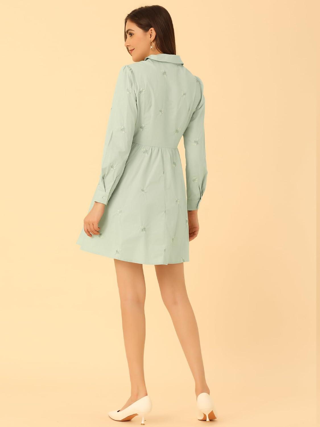 imageAllegra K Womens Casual Shirt Dress Long Sleeve Half Placket Embroidered Floral Mini DressesLight Green