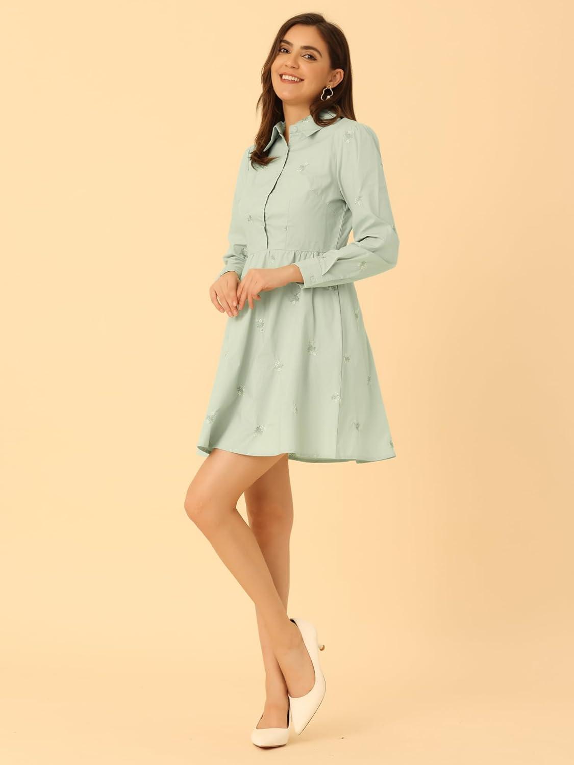 imageAllegra K Womens Casual Shirt Dress Long Sleeve Half Placket Embroidered Floral Mini DressesLight Green