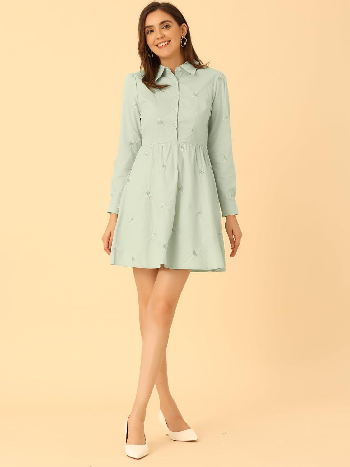 imageAllegra K Womens Casual Shirt Dress Long Sleeve Half Placket Embroidered Floral Mini DressesLight Green