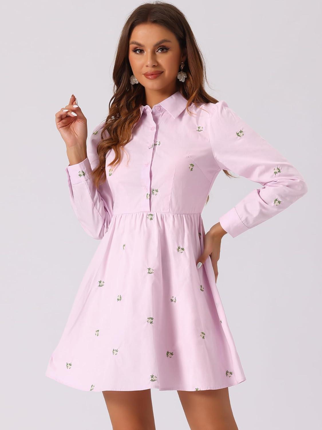imageAllegra K Womens Casual Shirt Dress Long Sleeve Half Placket Embroidered Floral Mini DressesLight Purple
