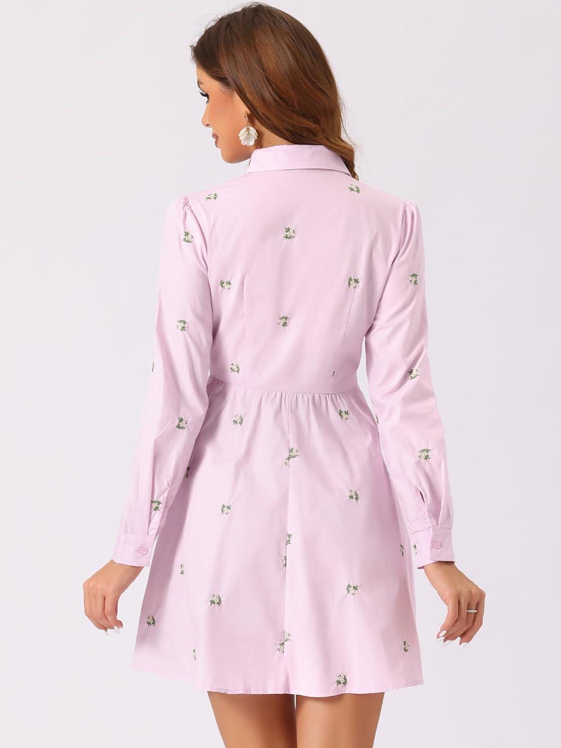 imageAllegra K Womens Casual Shirt Dress Long Sleeve Half Placket Embroidered Floral Mini DressesLight Purple