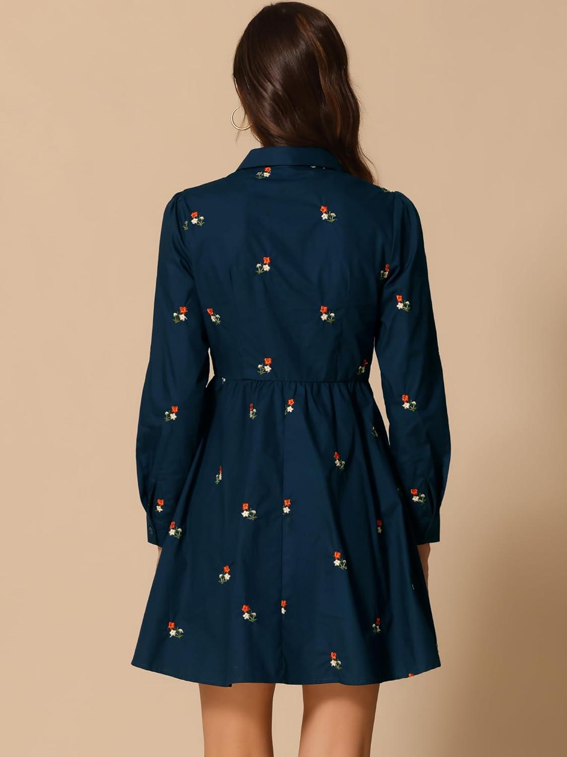 imageAllegra K Womens Casual Shirt Dress Long Sleeve Half Placket Embroidered Floral Mini DressesNavy Blue