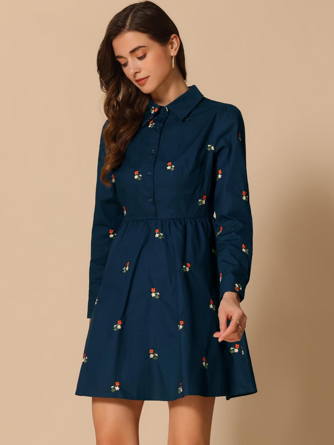 imageAllegra K Womens Casual Shirt Dress Long Sleeve Half Placket Embroidered Floral Mini DressesNavy Blue