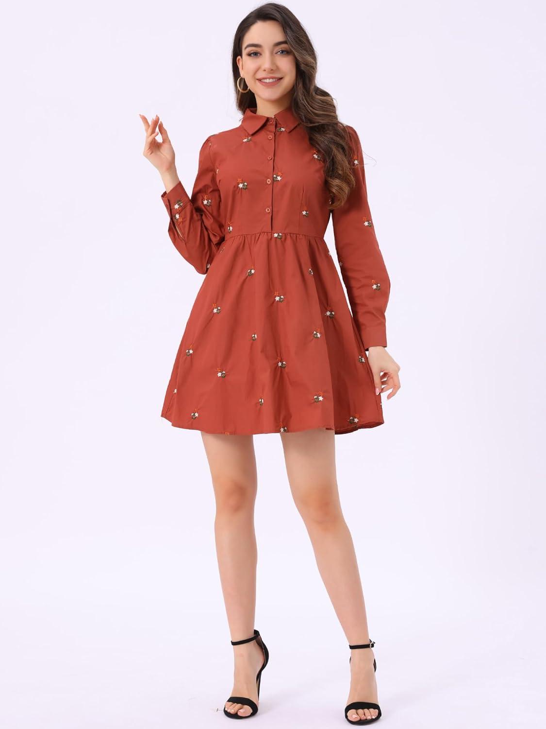 imageAllegra K Womens Casual Shirt Dress Long Sleeve Half Placket Embroidered Floral Mini DressesOrange