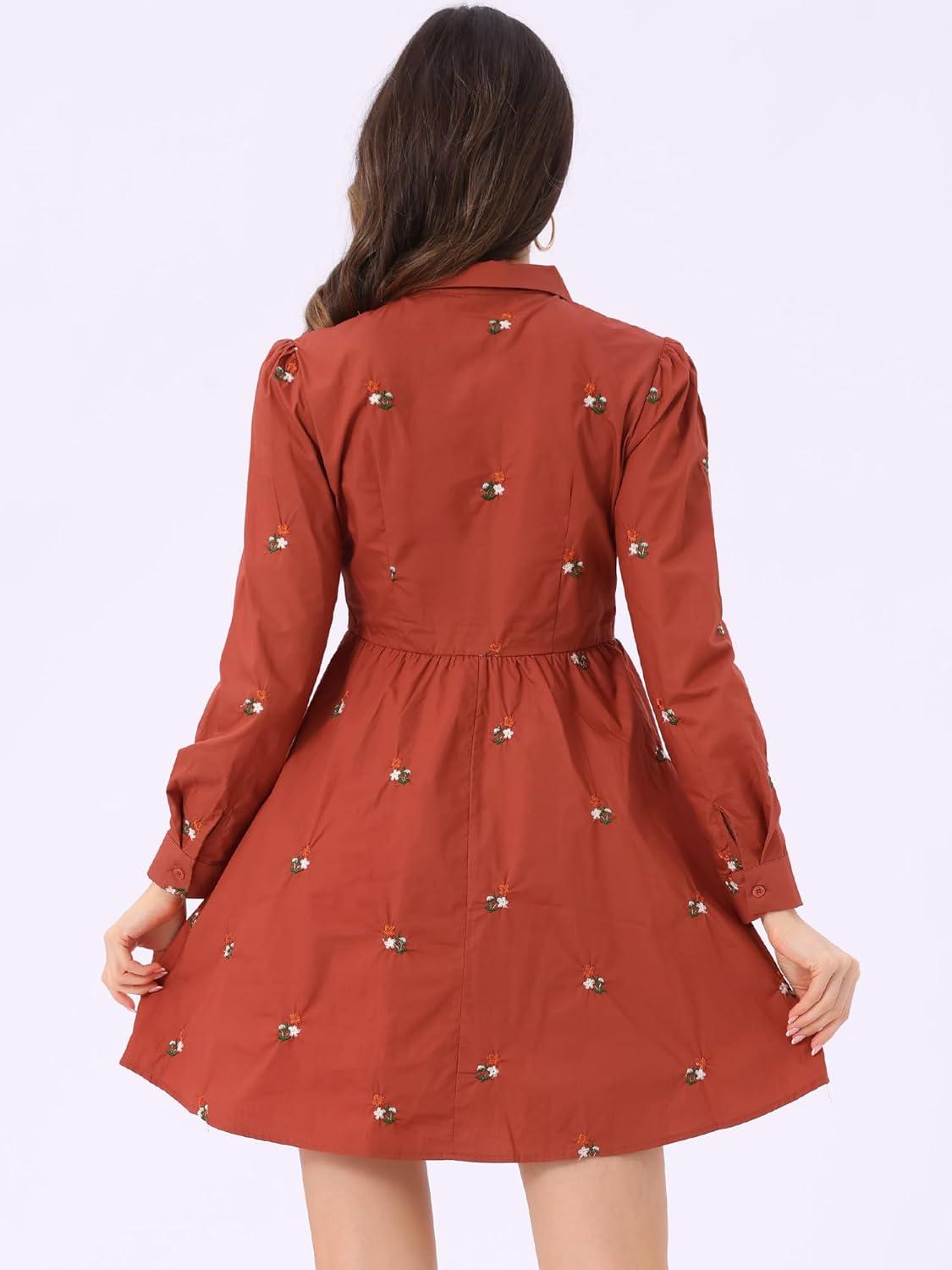 imageAllegra K Womens Casual Shirt Dress Long Sleeve Half Placket Embroidered Floral Mini DressesOrange