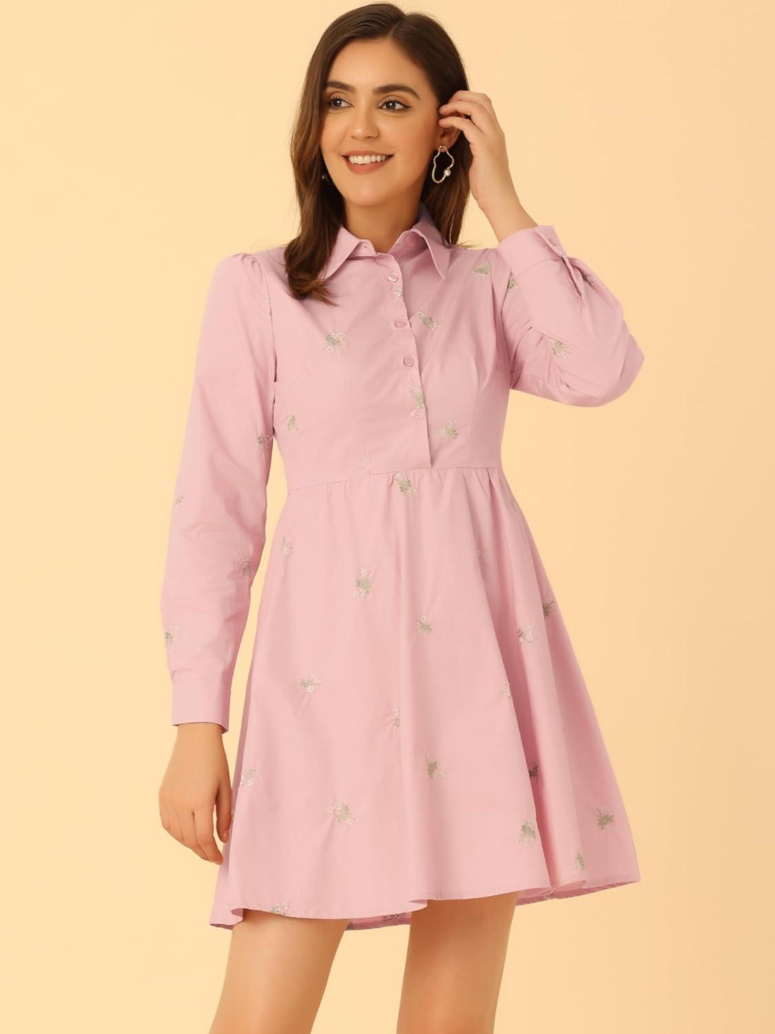 imageAllegra K Womens Casual Shirt Dress Long Sleeve Half Placket Embroidered Floral Mini DressesPink