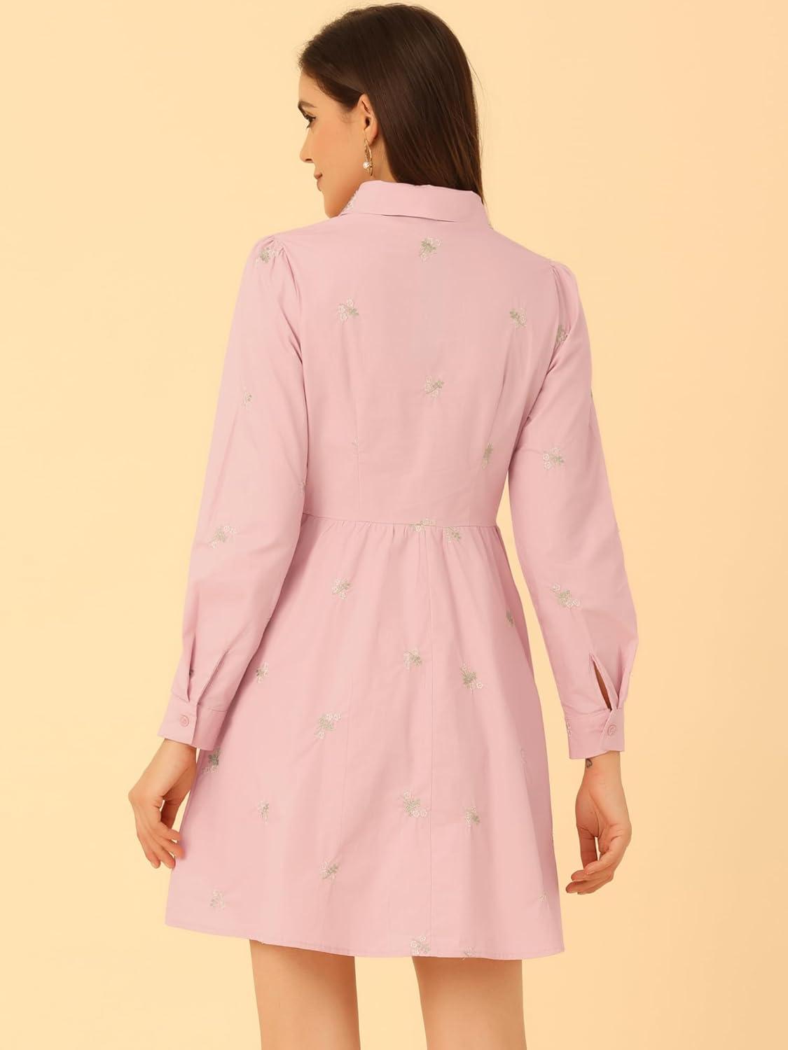 imageAllegra K Womens Casual Shirt Dress Long Sleeve Half Placket Embroidered Floral Mini DressesPink