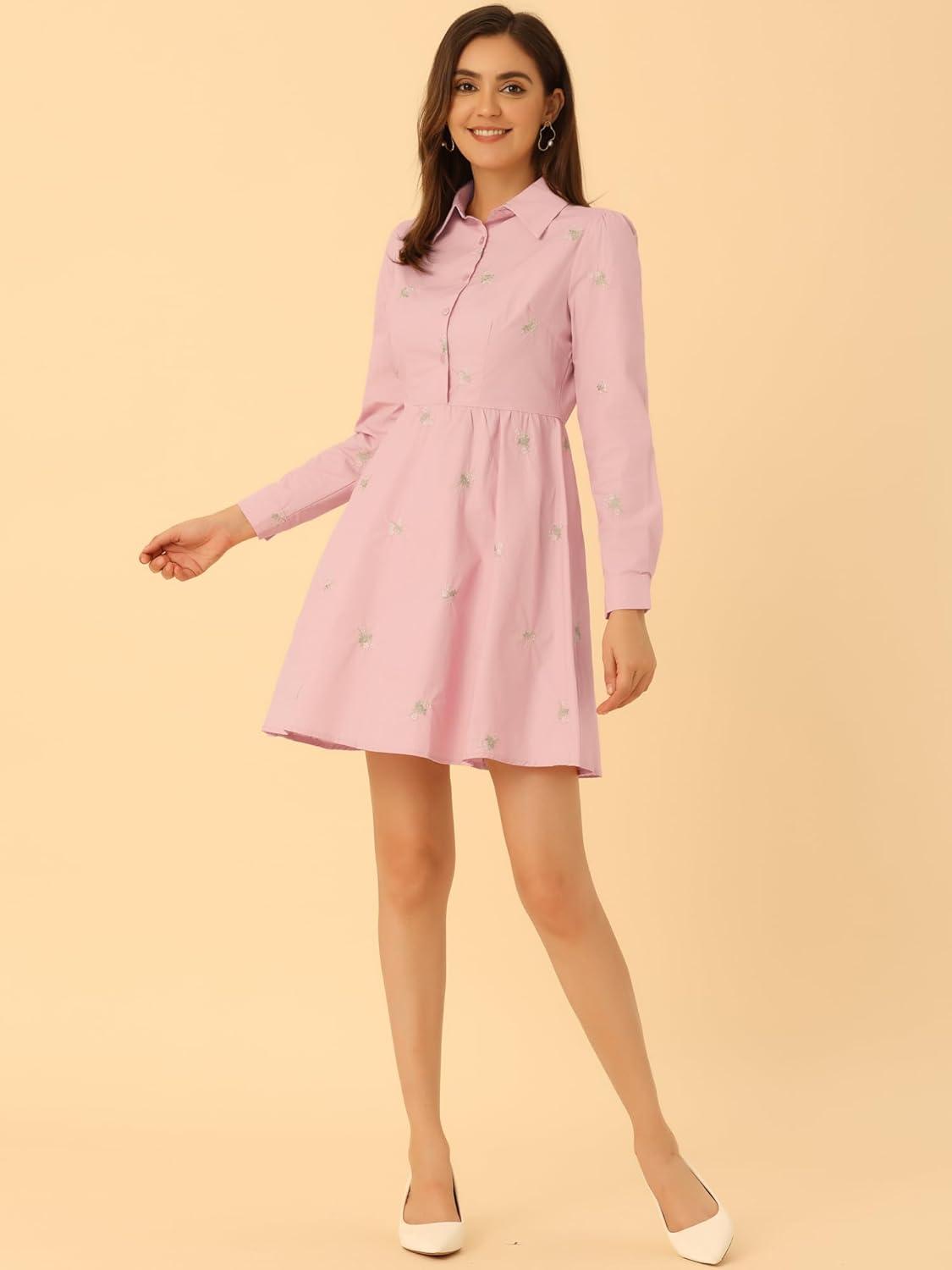 imageAllegra K Womens Casual Shirt Dress Long Sleeve Half Placket Embroidered Floral Mini DressesPink