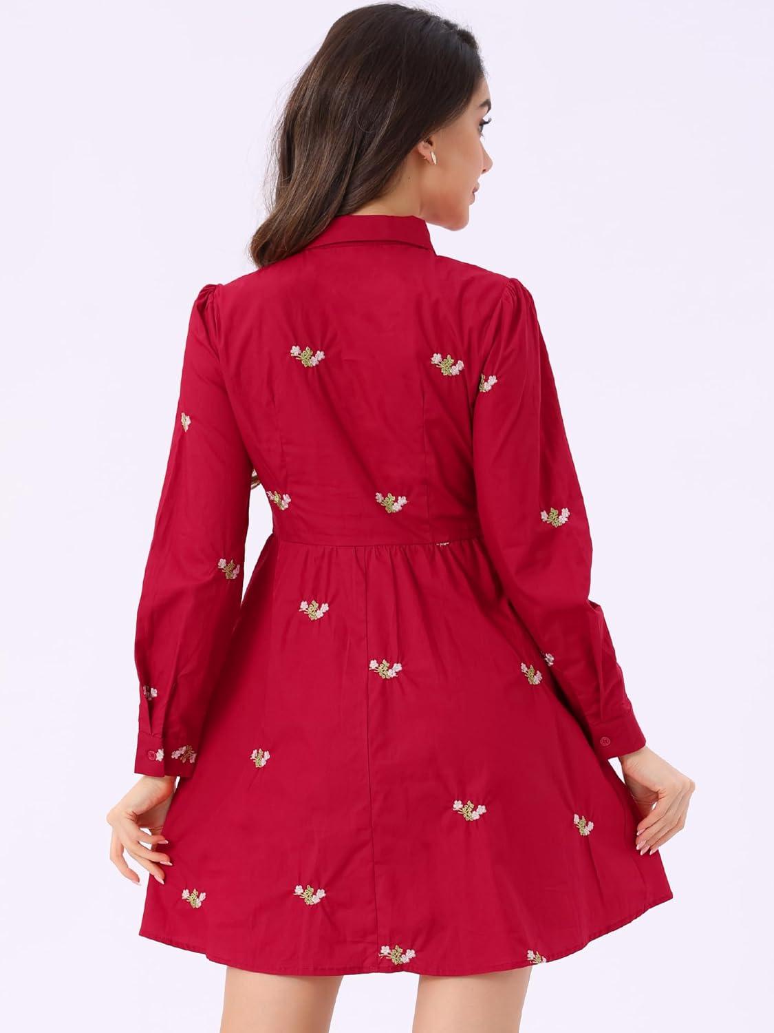 imageAllegra K Womens Casual Shirt Dress Long Sleeve Half Placket Embroidered Floral Mini DressesRed