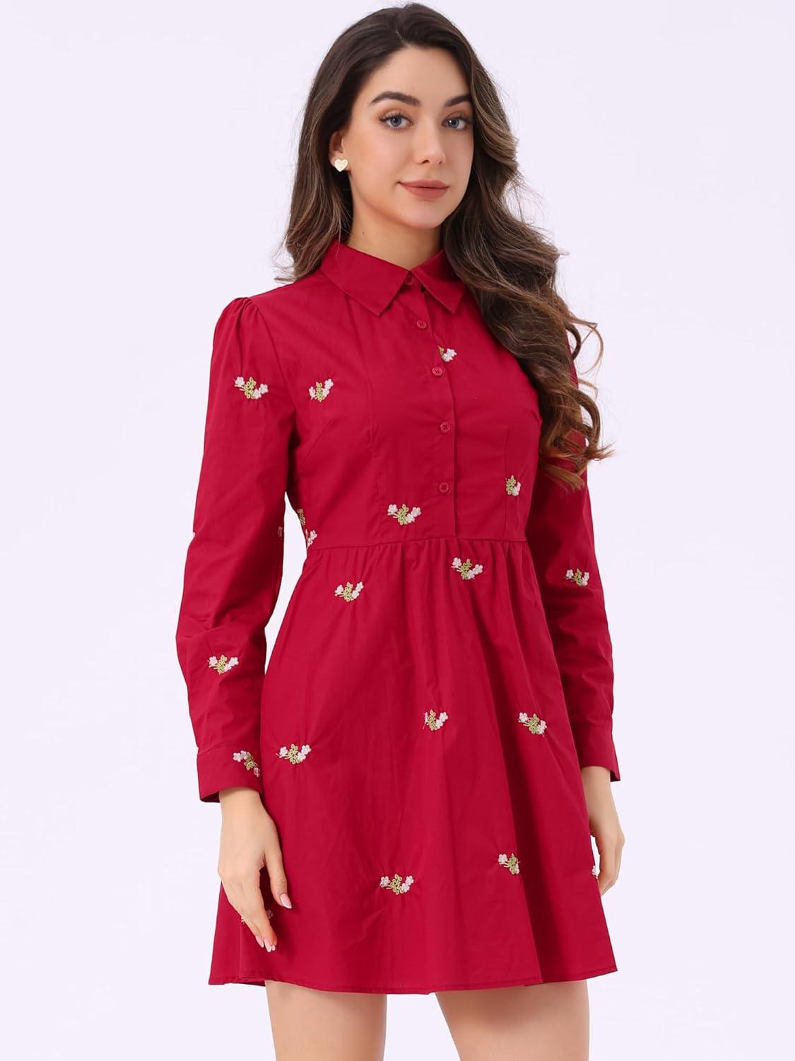 imageAllegra K Womens Casual Shirt Dress Long Sleeve Half Placket Embroidered Floral Mini DressesRed