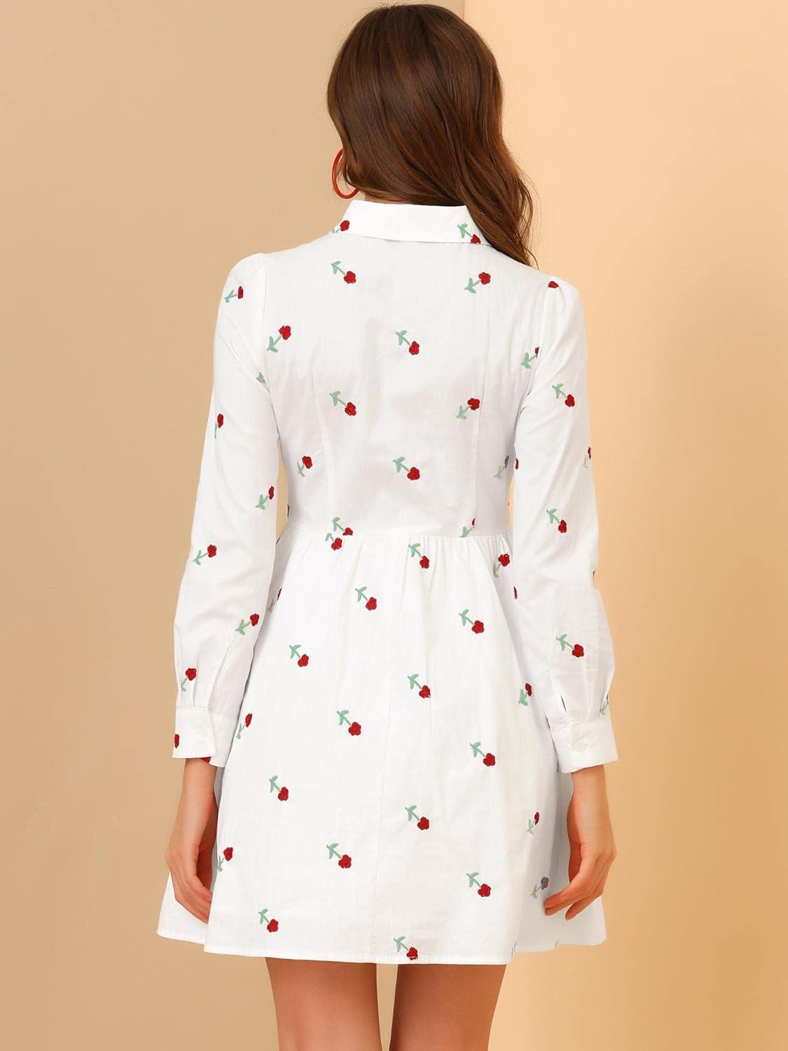 imageAllegra K Womens Casual Shirt Dress Long Sleeve Half Placket Embroidered Floral Mini DressesWhite
